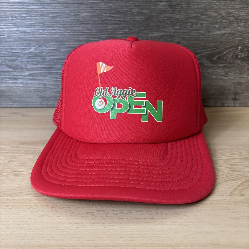 Old Aggie Open Hat Cap Snap Back Red Trucker Mesh Foam Front Golf Graphic Mens